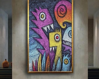 Colorful Monster Abstract Canvas Print – Whimsical Line Art with Fun Cartoon Creatures for Playroom, Creative Studio or Modern Wall Decor