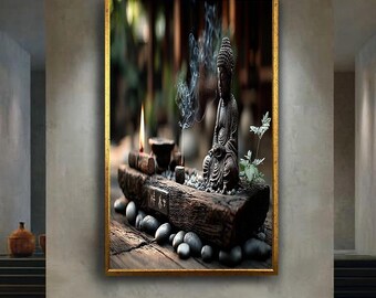 Buddha Statue Canvas Wall Art with Incense Smoke and Candle Flame – Zen Meditation Print for Spiritual or Yoga Room Decor