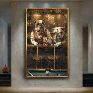 Funny Bulldog Bar Wall Art with Beer and Pool Table Anthropomorphic Dog Illustration Vintage Pub Game Room Decor