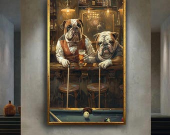 Funny Bulldog Bar Wall Art with Beer and Pool Table Anthropomorphic Dog Illustration Vintage Pub Game Room Decor