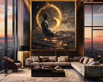 Golden Buddha Meditation Canvas Wall Art – Mystical Zen Artwork with Glowing Energy Ring, Lava Cracks and Spiritual Enlightenment Design
