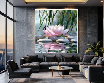 Pink Lotus Flower Wall Art with Zen Stones and Water Reflection, Peaceful Botanical Canvas Print for Calm Spa or Meditation Decor
