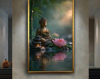 Buddha Canvas Wall Art with Lotus Flower, Candles and Zen Stones – Peaceful Spiritual Print for Meditation, Spa or Yoga Room Decor