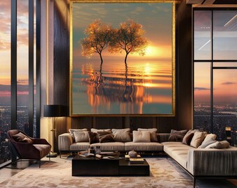 Two Trees at Sunset Wall Art with Golden Water Reflections, Peaceful Romantic Nature Canvas Print for Zen or Minimalist Home Decor