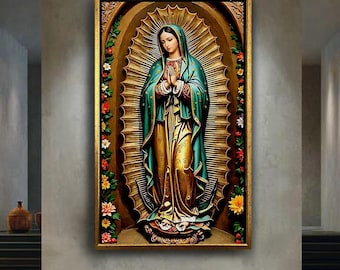 Virgin of Guadalupe Wall Art Print – Traditional Catholic Religious Canvas, Sacred Virgin Mary Artwork, Colorful Mexican Decor