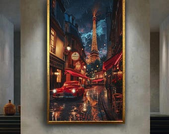 Paris Eiffel Tower Night Canvas Wall Art – Romantic Rainy Street with Classic Car and Café Lights in Vintage Paris Scene