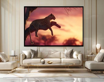 Leopard on Tree Branch Canvas Wall Art African Sunset Wildlife Print Majestic Big Cat Resting Nature Safari Decor for Home