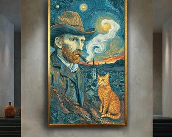 Van Gogh and Cat Canvas Wall Art – Starry Night Inspired Tribute Portrait – Whimsical Artistic Print for Cat Lovers and Dreamy Spaces