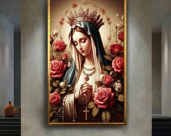 Virgin Mary with Roses Canvas Wall Art, Sacred Religious Christian Print, Holy Prayer Artwork for Spiritual and Faith Inspired Home Decor