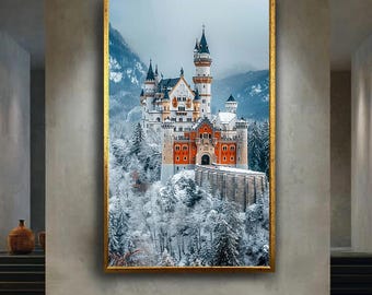 Fairy Tale Castle Wall Art Winter Snowy Landscape Canvas Print Bavarian Palace Poster for Christmas or Alpine Home Decor Gift