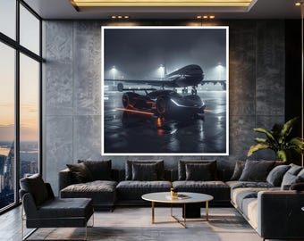 Futuristic Supercar Wall Art Jet Runway Scene Night Lights Luxury Speed Cyber Auto Photography Canvas Art
