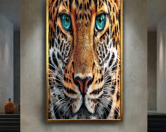 Leopard Face Close Up Wall Art Print, Jungle Cat Portrait Digital Poster, Wild Animal Eyes Artwork, Bold Nature Predator Decor