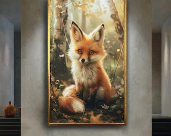 Whimsical Fox Canvas Wall Art, Woodland Animal Print in Enchanted Forest, Rustic Autumn Fox Illustration for Nursery or Home Decor