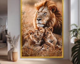 Lion Dad and Cubs Canvas Wall Art – Gentle African Wildlife Print for Rustic Safari Decor, Nature Inspired Spaces and Animal Lovers
