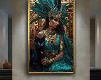 Egyptian Goddess Canvas Wall Art – Mystical Queen Portrait with Black Cat and Golden Jewelry – Fantasy Ancient Print for Regal Decor