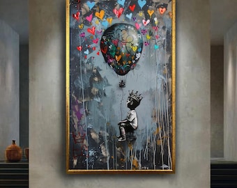 Graffiti Crowned Kid Street Art Print | Colorful Heart Balloon Urban Wall Art | Inspirational Modern Banksy Style Canvas for Home Decor