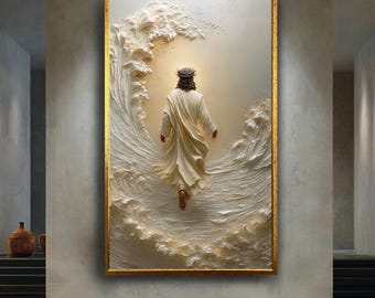Jesus Walking Through Waves Canvas Wall Art – Spiritual Christian Poster with Crown of Thorns and Light, Peaceful Religious Home Décor