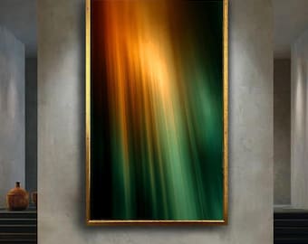 Abstract Light Beam Wall Art Print, Green and Orange Gradient Glow Poster, Modern Minimalist Vertical Light Streak Decor