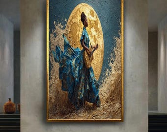 African Woman Canvas Wall Art with Blue Gold Dress, Guitar and Full Moon, Musical Fantasy Portrait Elegant Home Decoration