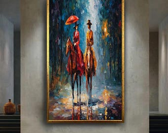 Elegant Couple Horseback Riding in Rainy Forest, Abstract Oil Painting Style Print, Colorful Romantic Wall Art for Home Decor