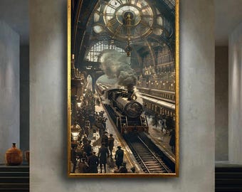 Victorian Steam Train Station Wall Art Historical Railway Canvas Print Steampunk Clock Scene Poster for Retro Travel Decor Gift