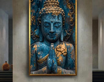 Antique Buddha Statue Wall Art with Golden Details Spiritual Meditation Artwork Asian Zen Decor Sacred Mindfulness Print