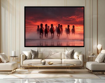 Running Horses at Sunset Canvas Wall Art Wild Mustangs Galloping Through Dust with Fiery Red Sky Print for Western or Rustic Decor