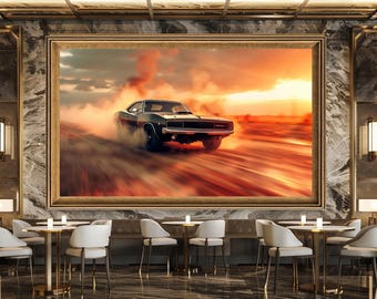 Vintage Muscle Car Wall Art Retro Sunset Drive Poster Canvas Download Fast Car Print Classic Racing Decor Man Cave Gift