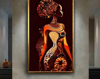 Abstract African woman canvas wall art print, tribal silhouette artwork with warm earth tones, ethnic modern decor for cultural home style