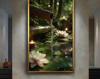 Zen Water Fountain Canvas Wall Art with Bamboo Spout, Candles and Lotus Flowers – Tranquil Nature Print for Spa or Meditation Decor