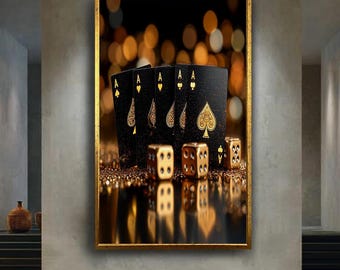 Elegant Gold Spade Playing Cards Canvas Wall Art, Luxury Casino Dice Decor for Poker Room, Black and Gold Modern Wall Print
