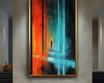 silhouette figure corridor abstract painting fiery orange and cool turquoise modern wall art canvas geometric hallway home decor