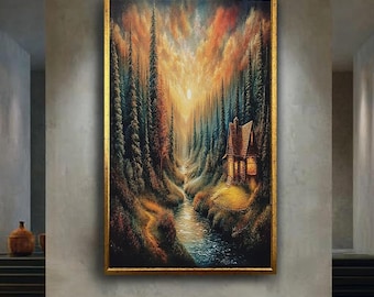 Cozy Forest Cabin Sunset Wall Art, Fantasy Pine Tree River Landscape Printable for Rustic Lodge or Nature Inspired Home Decor