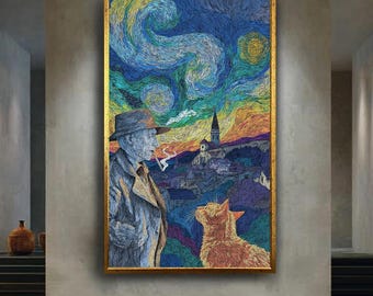 Starry Night Cat and Man Canvas Wall Art – Van Gogh Inspired Emotional Landscape – Whimsical Cat Lover Print for Moody Home Decor