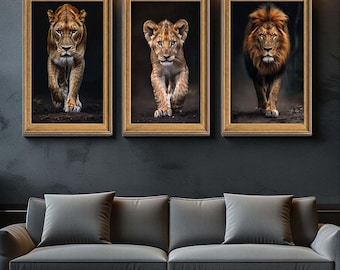 Lion Family Wall Art Set of 3 – Majestic Lion, Lioness & Cub Portrait Prints – Safari Animal Canvas Decor for Living Room or Office