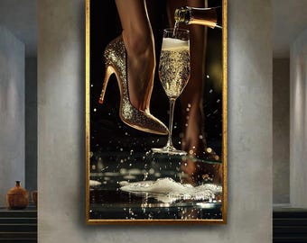 Luxury Champagne and Gold Heels Wall Art Canvas, Glamorous High Heel and Bubbles Illustration, Fashion Girl Nightlife Decor Gift Idea