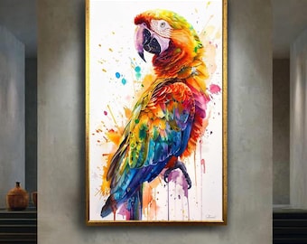 Colorful Parrot Canvas Wall Art with Tropical Rainbow Feathers and Paint Splashes, Vibrant Exotic Bird Artwork for Modern Home Decor