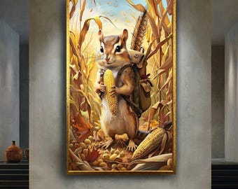 Cute Chipmunk with Corn Wall Art Autumn Harvest Animal Illustration Whimsical Woodland Creature Artwork Rustic Home Decor