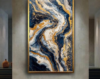 Abstract Navy Blue White and Gold Marble Canvas Wall Art with Fluid Print, Modern Luxury Home and Office Decoration