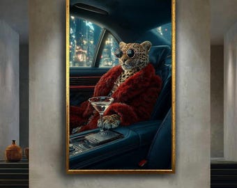Luxury Cool Leopard Canvas Wall Art in Red Fur Coat, Funny Animal Portrait for Modern Urban Decor, Stylish Jungle Cat in Limo Print