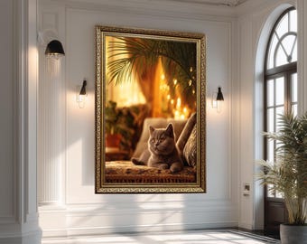 British Shorthair Cat Canvas Wall Art for Cozy Home Decor – Warm Tones Living Room Animal Print for Cat Lovers and Pet Aesthetic