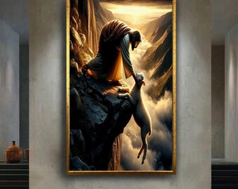 Jesus Saving Lost Lamb Wall Art Print | Spiritual Christian Rescue Canvas | Powerful Religious Artwork of Mercy and Redemption for Home