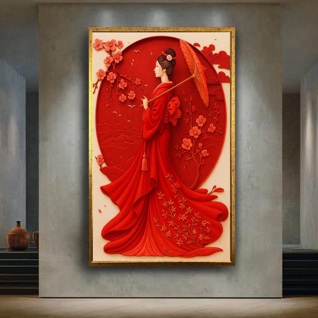 Elegant Japanese Woman in Red Kimono Wall Art With Cherry Blossoms and ...
