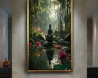 Buddha Lotus Pond Wall Art Print – Zen Meditation Garden Canvas – Spiritual Nature Poster – Peaceful Yoga Home Decor Artwork