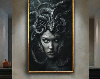 Dark Medusa Canvas Wall Art Print | Gothic Mythological Snake Woman Print for Fantasy Decor | Creepy Myth Inspired Wall Poster