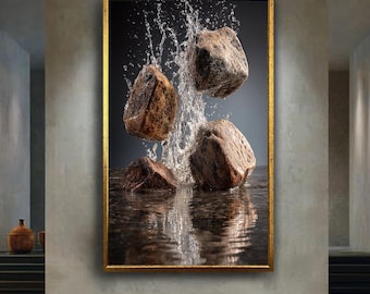 Dynamic Stone Splash Canvas Wall Art – Natural Rock and Water Impact Photography Print for Modern Home or Spa Decor