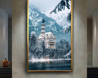 Winter Fairytale Castle Canvas Wall Art – Snowy Mountain Palace Scene, Enchanted Winter Wonderland Print