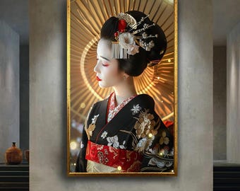 Elegant Geisha Wall Art in Traditional Kimono Japanese Culture Portrait Oriental Beauty Artwork Asian Home Decor