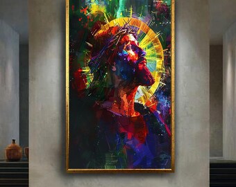 Colorful Jesus Christ Crown of Thorns Canvas Wall Art, Modern Abstract Christian Artwork for Home Decor, Spiritual Faith Gift