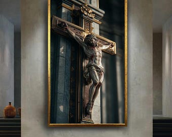 Jesus on the Cross Religious Canvas Wall Art – Ornate Crucifix Christian Artwork for Home, Chapel, or Spiritual Decor
